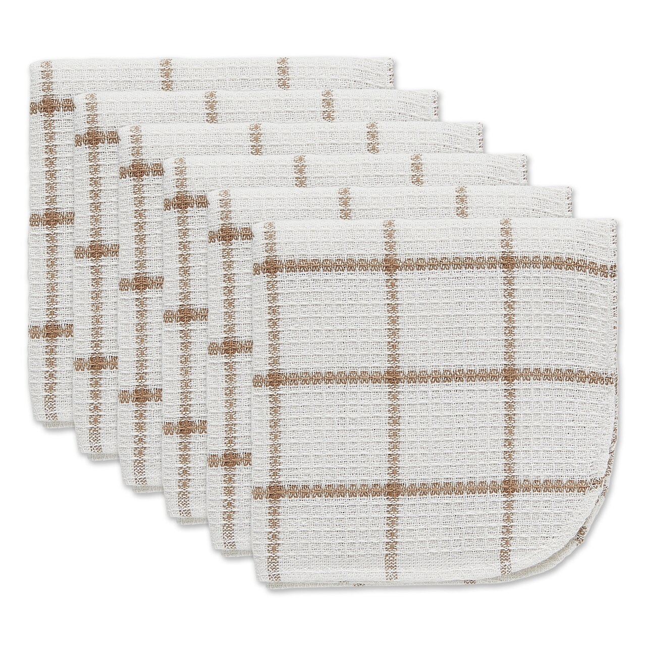 Contemporary Home Living Windowpane Multi-Purpose Cotton Kitchen Dishcloths - 12" - White and Tan - Set of 6